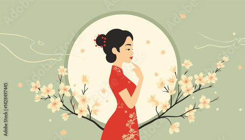 Pensive woman in red cheongsam with floral accents