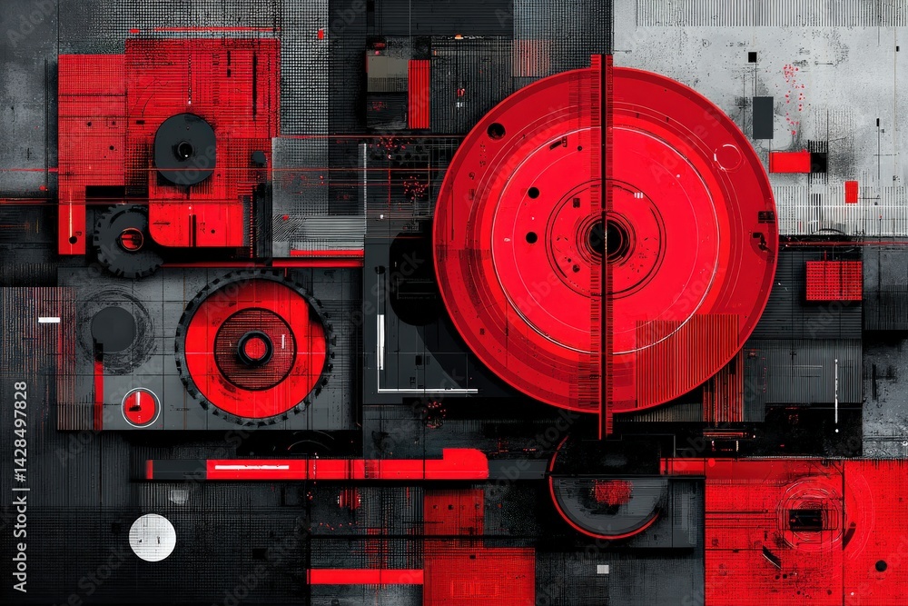 Abstract Red and Black Geometric Design with Circles and Squares