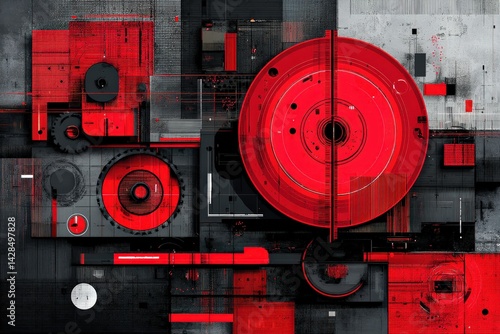 Obraz na płótnie Abstract Red and Black Geometric Design with Circles and Squares w salonie
