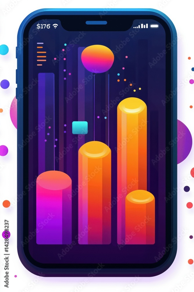 Abstract illustration of a finance or data tracking app interface on smartphone with vibrant 3D graphs