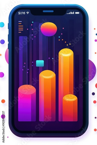 Abstract illustration of a finance or data tracking app interface on smartphone with vibrant 3D graphs