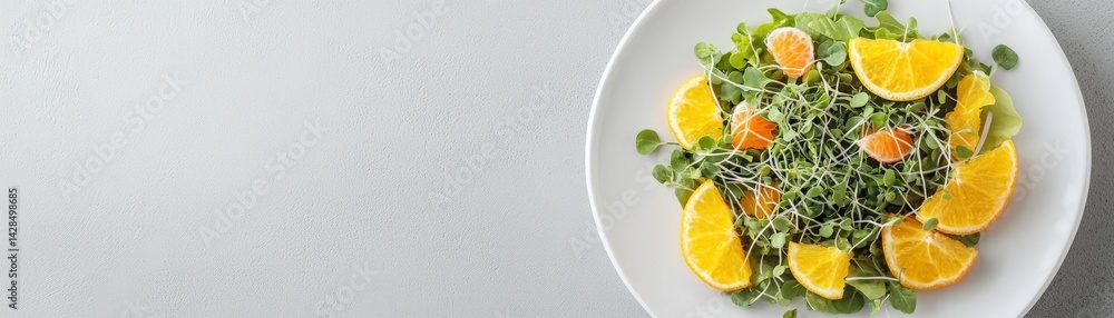 Rejuvenation Through Detox and Nutrient-Rich Wellness Choices, Fresh salad with sprouts and orange slices on a minimalistic plate.