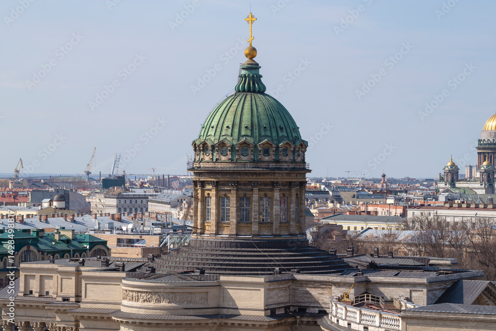 View of the dome of the Kazan Cathedral (Cathedral of Our Lady of Kazan) on an April day. Saint Petersburg, Russia