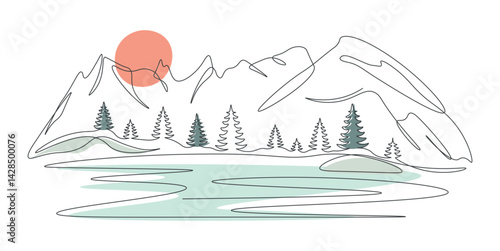Mountain landscape with fir trees. Forest landscape with lake in one continuous line. Minimalistic hand drawing. Single line panoramic sketch. Editable color vector illustration on white background.