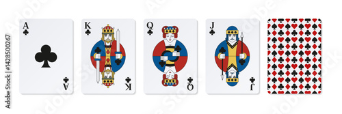 Colored playing cards of Clubs. King, Queen, Jack, Ace and card back.