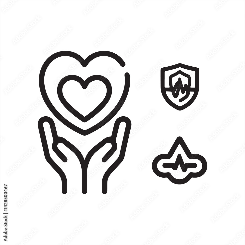 Heart in hands with protection icons – health insurance and medical care support vector illustration Heart in hands with protection icons – health insurance and medical care support vector illustration
