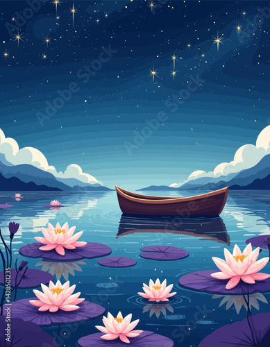 Starry night lake with water lilies and rowboat