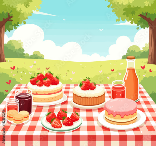 Strawberry cakes and treats on red checkered picnic blanket
