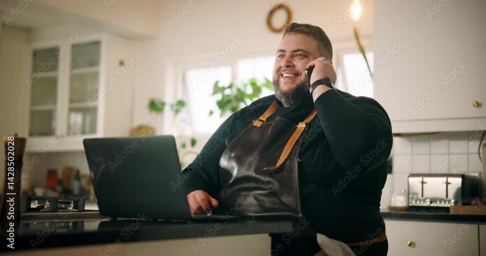Man, chef and talk with phone call at house for communication, menu planning and catering service. Male person, laptop and mobile for discussion, recipe research and meal preparation for event order Man, chef and talk with phone call at house for communication, menu planning and catering service. Male person, laptop and mobile for discussion, recipe research and meal preparation for event order