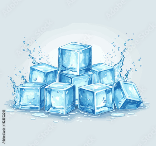 Stack of Blue Ice Cubes with Water Splashes