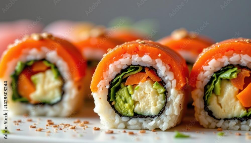 The macro shot of hand rolled veggie sushi highlights the skillful craftsmanship and precision involved in creating each piece The macro shot of hand rolled veggie sushi highlights the skillful craftsmanship and precision involved in creating each piece