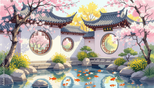 Tranquil Asian Garden with Koi Pond and Cherry Blossoms
