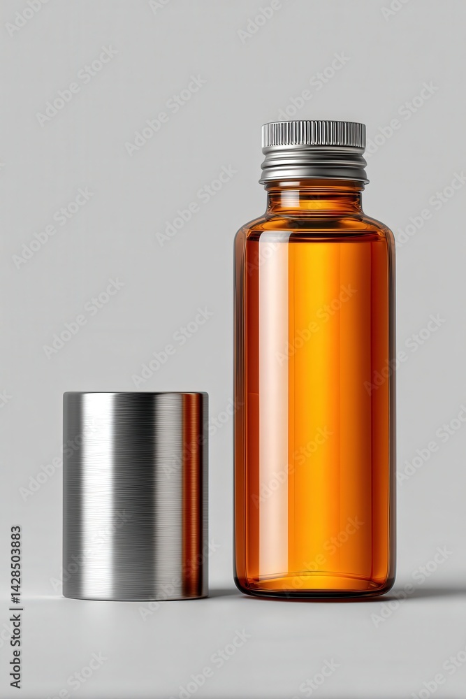 Amber Glass Bottle with Silver Cap for Pharmaceutical or Cosmetic Use