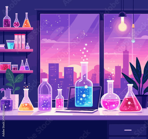 Vaporwave science lab with city skyline view