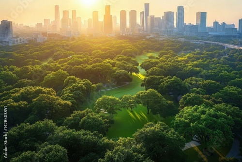 green Airport city park on a sunny summer morning- panoramic view from high-angle perspective reveals a bustling metropolis surrounded by lush greenery- with gleaming skyscrapers reflec