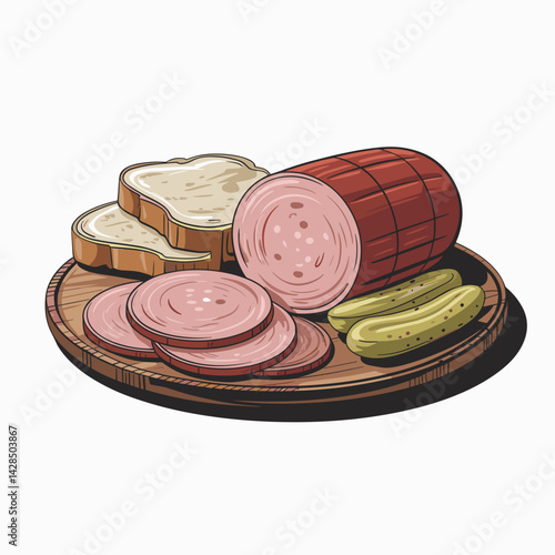 Sliced BBQ Bologna Platter with Pickles and Bread
