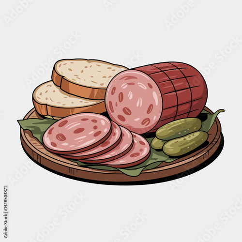 Sliced BBQ Bologna Platter with Pickles and Bread