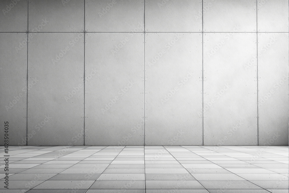 Empty interior space with light concrete wall panels and tiled floor in minimalist geometric design, industrial style, gray background. Ai generative Empty interior space with light concrete wall panels and tiled floor in minimalist geometric design, industrial style, gray background. Ai generative