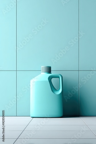 Aqua Blue Cleaning Bottle Against Soft Turquoise Tiles Interior