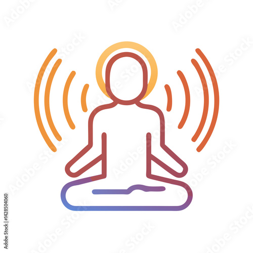 Meditating figure radiating energy, spiritual vector line icon
