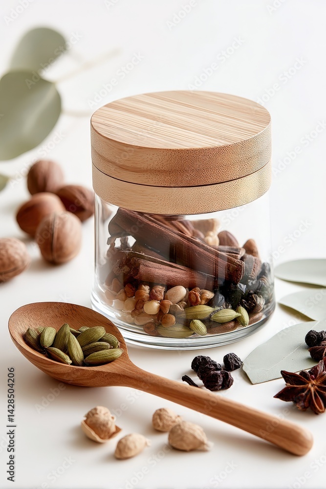 Aromatic Spices and Dried Herbs in Stylish Glass Jar with Wooden Lid