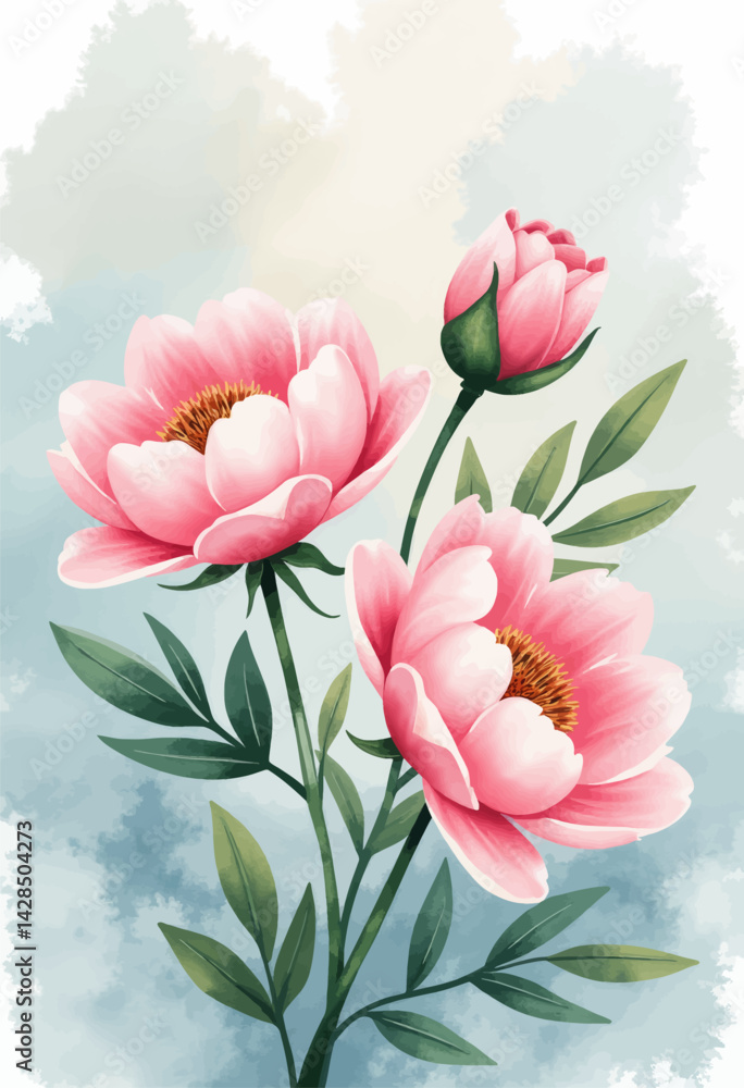 Fototapeta premium Watercolor Pink Peony Flowers with Bud and Green Leaves