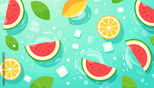 Watermelon, Lemon, and Ice Cubes on Aqua Background