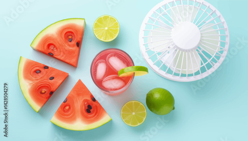 Watermelon slices, lime, drink with ice, and a fan on blue background