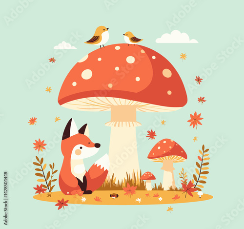 Whimsical Fox and Birds with Mushrooms, Autumn Leaves