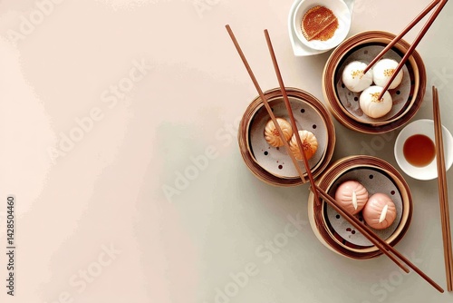 Obraz na płótnie Assorted Dumplings in Bamboo Steamer with Tea and Chopsticks w salonie