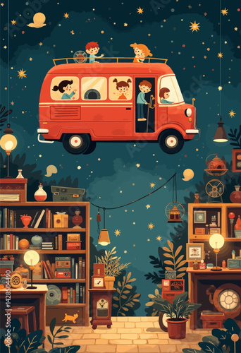 Whimsical Flying Red Bus with Children in Starry Room