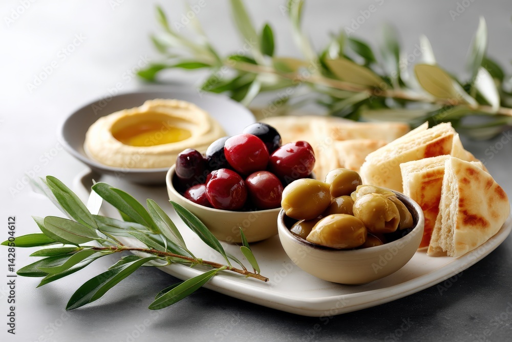 Assorted Mediterranean Snack Plate with Olives, Hummus, and Bread