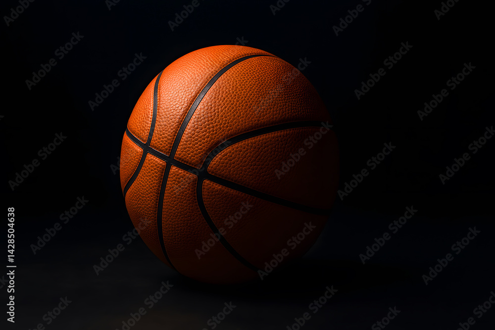 Obraz premium Basketball ball close up shot on dark background for sports equipment and game photography concept use