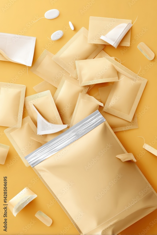 Assortment of Disposable Tea Bags and Packaging on a Bright Background
