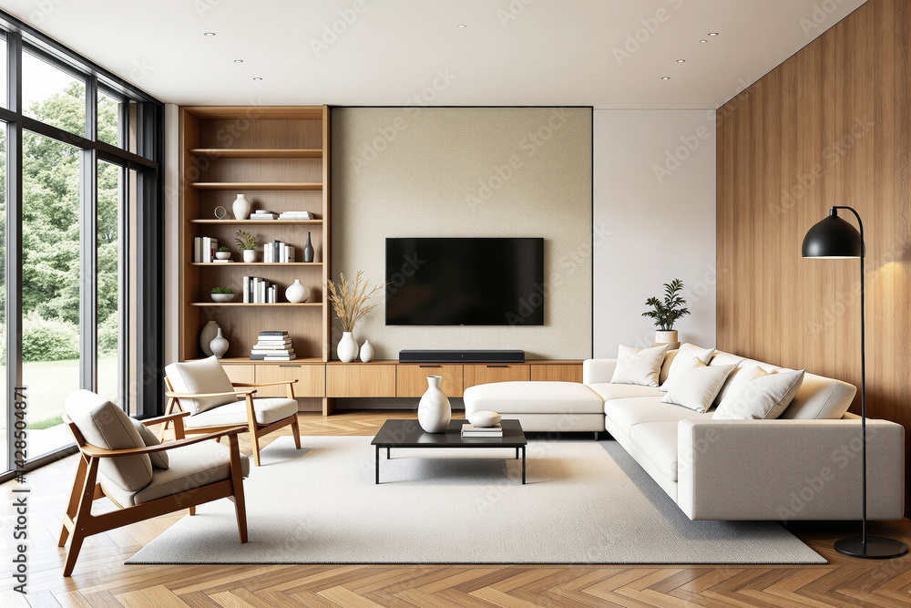 Fototapeta premium Contemporary living room interior with wood paneling, stylish furniture, and cozy decor in natural daylight, minimal design concept. Ai generative
