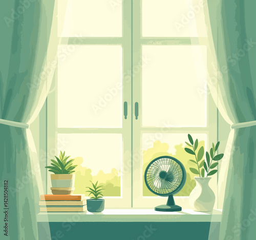 Window Still Life with Fan, Plants, and Books
