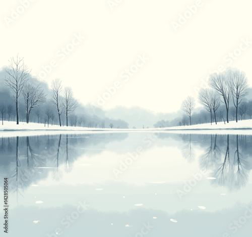 Winter lake reflection, bare trees, serene landscape