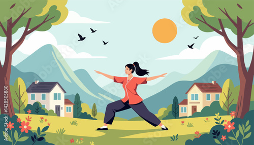 Woman in Warrior Pose, Nature Landscape, Houses