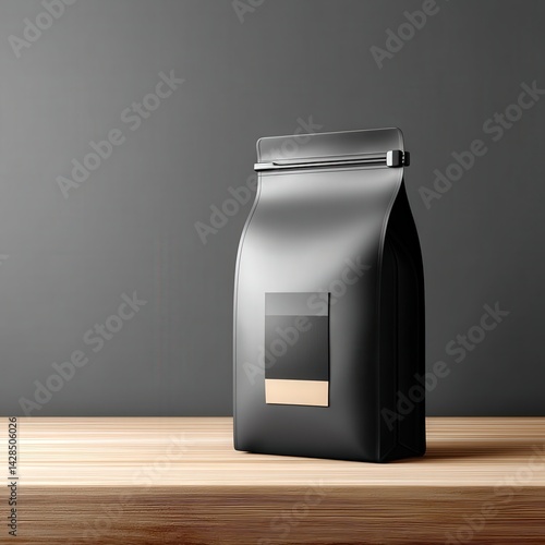 Obraz na płótnie Black Kraft Paper Coffee Bag on Wooden Surface with Simple Design w salonie