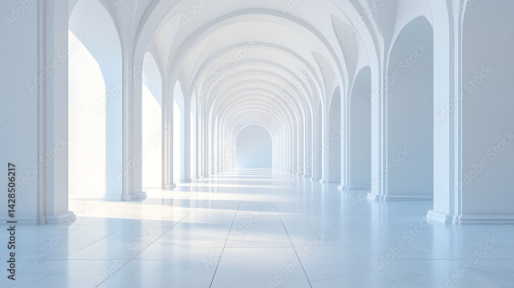 Serene architectural hallway modern design pure white background minimalist style aesthetic perspective Serene architectural hallway modern design pure white background minimalist style aesthetic perspective
