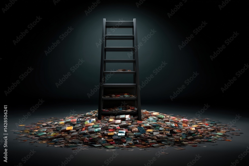 Black Ladder Surrounded by a Heap of Books on Dark Background