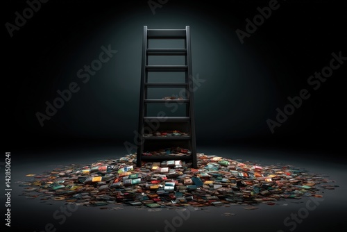 Obraz na płótnie Black Ladder Surrounded by a Heap of Books on Dark Background w salonie