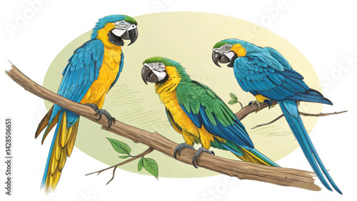 Three Colorful Parrot Macaw Birds Set Vector Art Tropical Avian Design