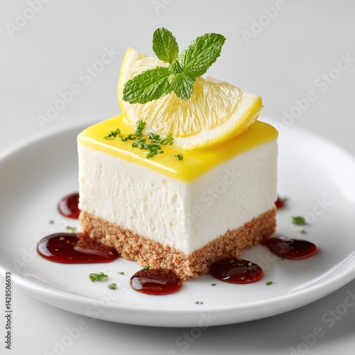 Japanese yuzu cheesecake, refined dessert style, white elegant background