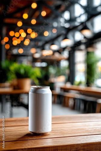 Obraz na płótnie Blank White Can on Wooden Table in Stylish Coffee Shop Setting w salonie