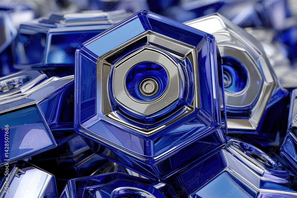 Blue Hexagonal Glass Decorative Objects Close Up with Reflection