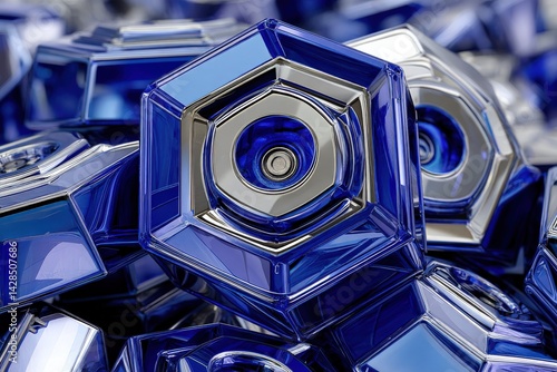 Obraz na płótnie Blue Hexagonal Glass Decorative Objects Close Up with Reflection w salonie