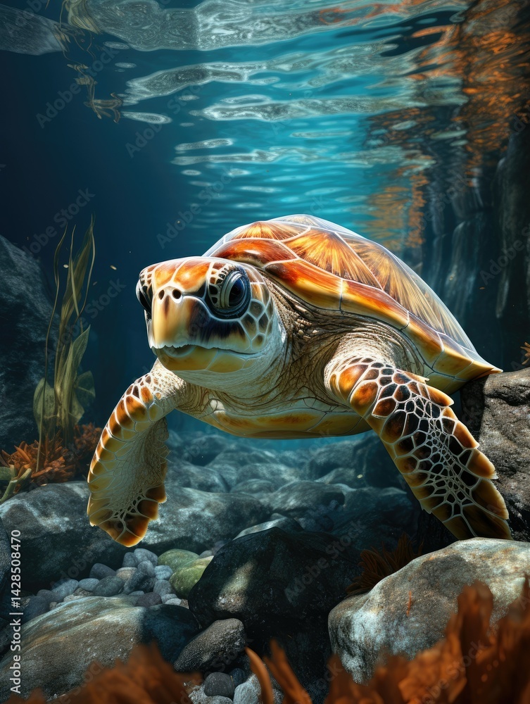 Obraz premium A sea turtle swimming underwater near rocks and plants in a clear blue ocean environment scene view