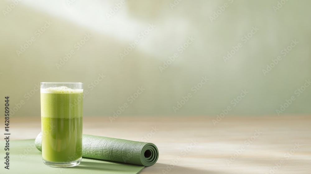 Rejuvenation Through Detox and Nutrient-Rich Wellness Choices, Fresh green smoothie in a glass with a rolled towel nearby on a blurred background.