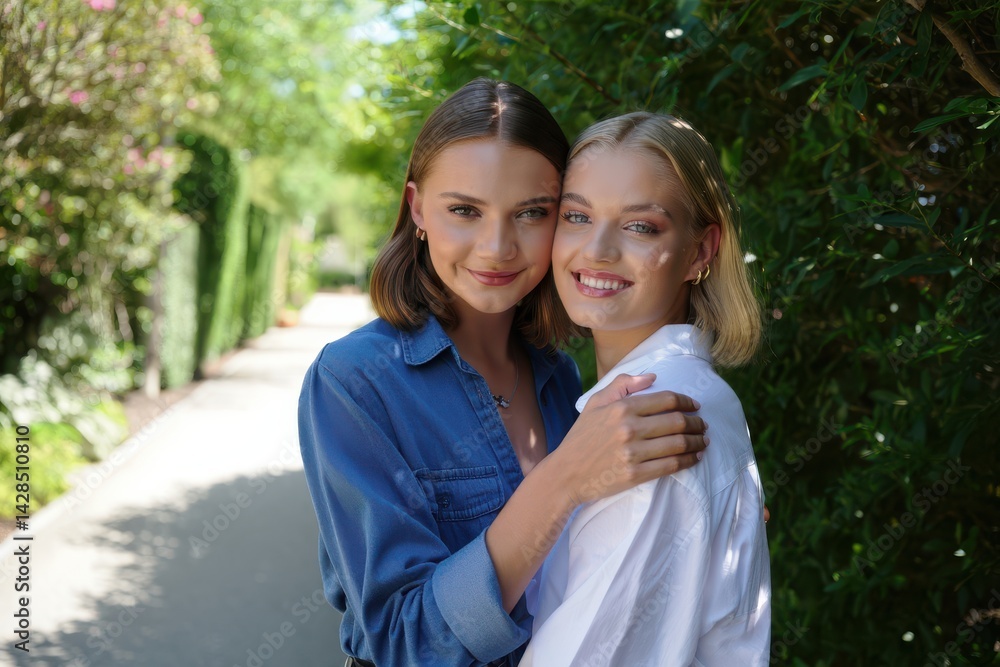 Smiling young lesbian couple standing affectionately together outdoors